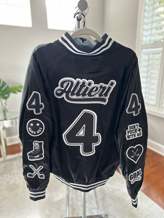 CUSTOM SPORTS NAME & NUMBER SATIN BOMBER / STRIPED TRIM JACKET - SEWN